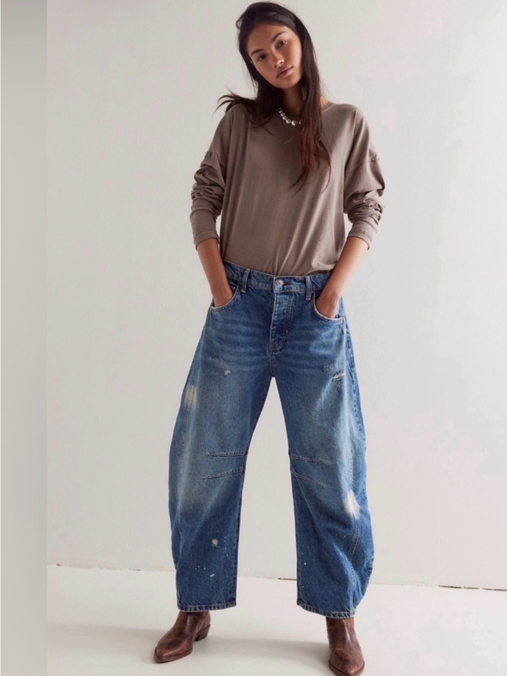 We The Free Relaxed Wide-Leg Distressed Blue Jeans 100 years